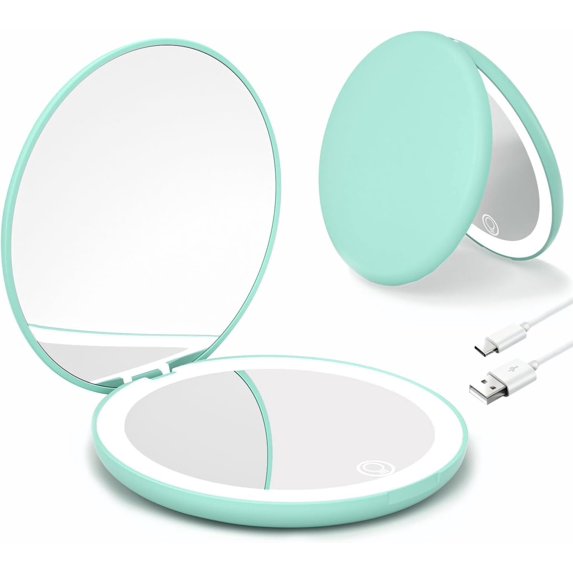 Compact Mirror, Lighted Travel Makeup Mirror with 1X/10X Magnifying Double Sided Dimmable Portable Pocket Mirror for Handbag and Pocket,Foldable Compact Mirror 3.5"L x 0.7"W, USB Charging (Green)