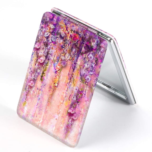 Compact Mirror Square Pu Leather Makeup Mirror for Purses Small Pocket Mirror Portable Hand Mirror Double-Sided with 2 x 1x Magnification for Woman Mother - Flower