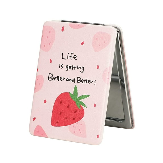 Compact Mirror Square Pu Leather Makeup Mirror for Purses Small Pocket Mirror Portable Hand Mirror Double-Sided with 2 x 1x Magnification for Woman Mother - Strawberry