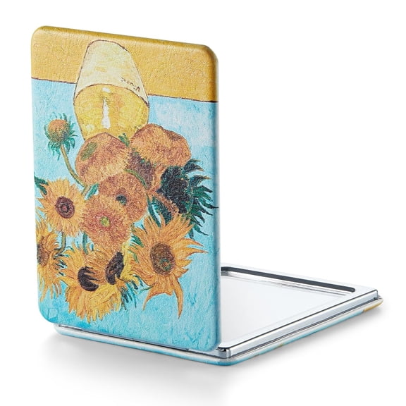 Compact Mirror, Unique Painting PU Leather 1X/3X Magnification, Ultra Portable for Purses, 2.4" W x 3.4" L (Sunflowers)