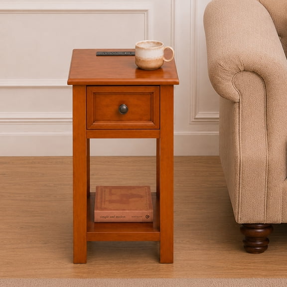 Compact Mission-Style End Table With Drawer And Charging Station Walnut Finish