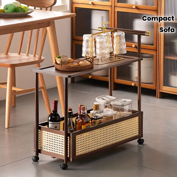 Compact Mobile Coffee Table with Easy-Glide Trolley Design, Space-Saving Multifunctional Mini Square Side Table, Retro Style with 4 Wheels for Living Room Bedroom Sofa,