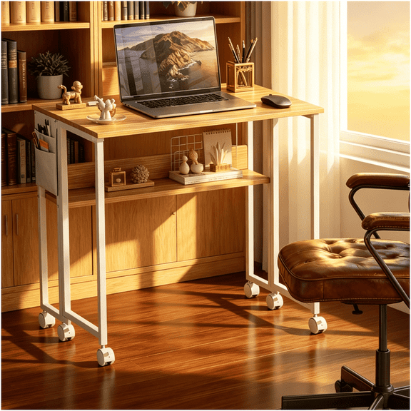 Compact Mobile Folding Desk with Shelf and Storage Bag for Home Office and Study Room