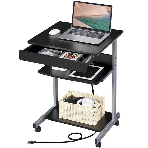 Compact Mobile Laptop Desk on Wheels, Computer Table with Power Outlet USB Ports, Home Office Writing Desk with Charging Station Printer Shelf, Space Saving 22 Inch, Black