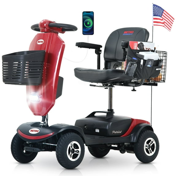 Outdoor Compact Mobility Scooter with Windshield, Extended Battery, USB Charger, Cup Holders & Storage Basket,300W Red