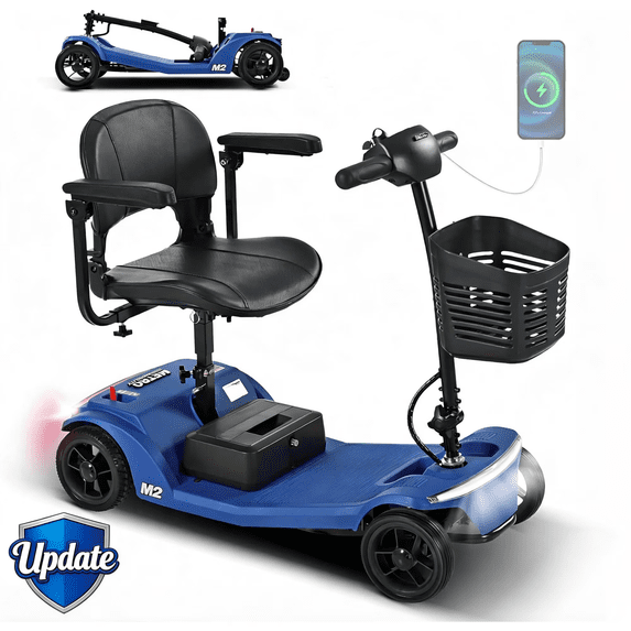4-Wheel Foldable Mobility Scooter for Seniors, Portable Electric Power Scooter with Stable Anti-Tip Wheels, Rear Brake Light, USB charging port,Supports 330 lbs,Travel Scooter,Blue