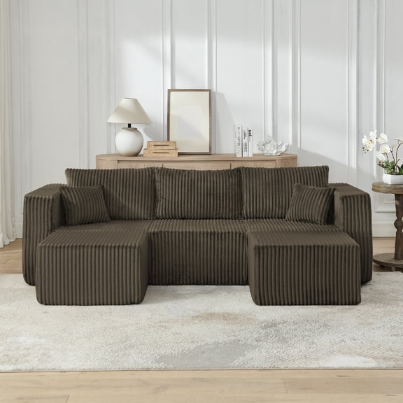 Compact Modular Sectional Sofa Couch 2 Movable Ottoman, Modern Minimalist Style Compressed Corduroy Sofa with Chaises, Ultra-Comfy Compression Modular Sofa with Space-Saving Efficient Design, Brown