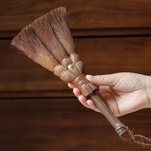 Compact Multi-Surface Brown Broom with Sturdy Metal Ring - Perfect for Kitchen, Bathroom, and Commercial Cleaning
