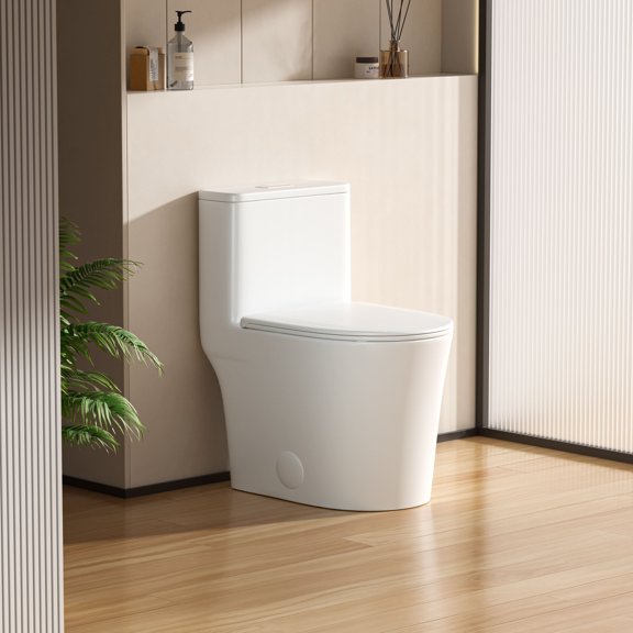 Compact One Piece Round Toilet, Space-Saving Siphon Dual Flush, MAP 1000g Powerful Flush, Soft Close Quick Release Seat, 12" Rough-In Modern Toilet