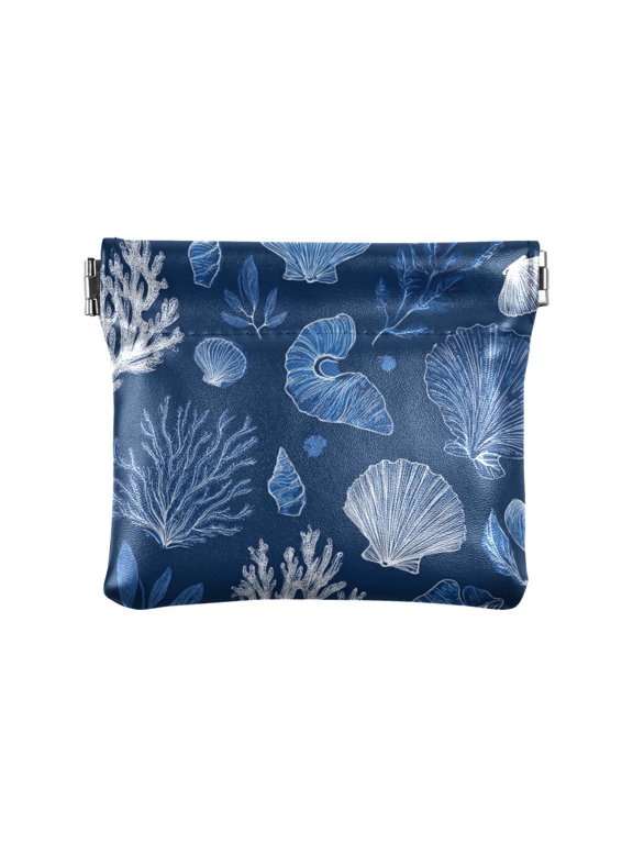 Compact PU Leather Coin Purse Small Spring-Frame Wallet Change Pouch for Travel & Daily Essentials Coral Reefs and Seashells Pattern