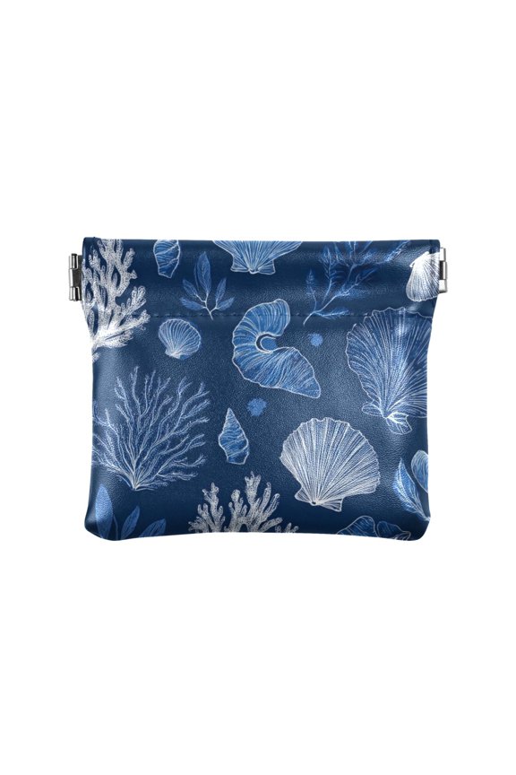 Compact PU Leather Coin Purse Small Spring-Frame Wallet Change Pouch for Travel & Daily Essentials Coral Reefs and Seashells Pattern