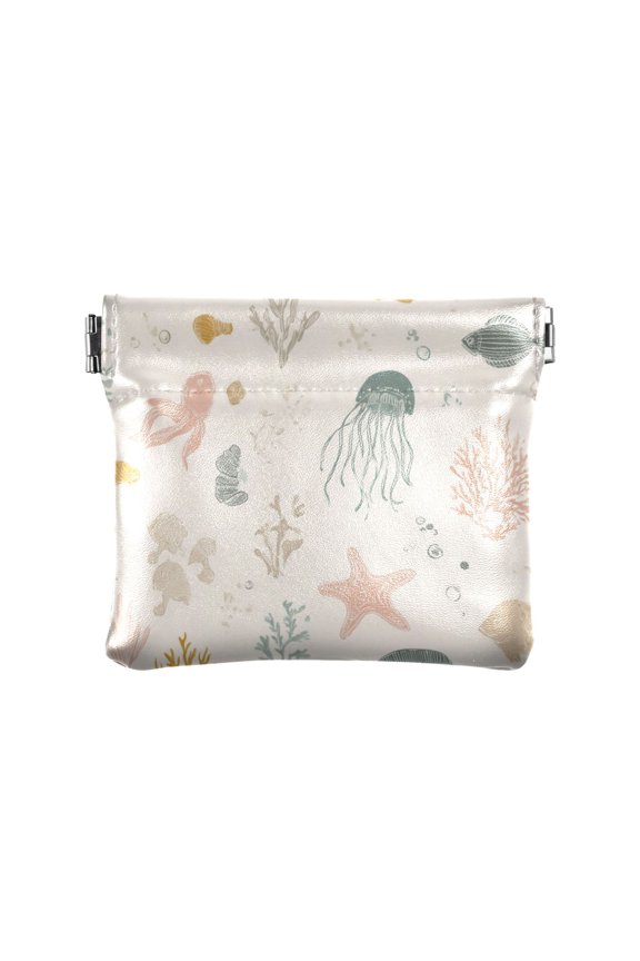 Compact PU Leather Coin Purse Small Spring-Frame Wallet Change Pouch for Travel & Daily Essentials Coral and Jellyfish Pattern