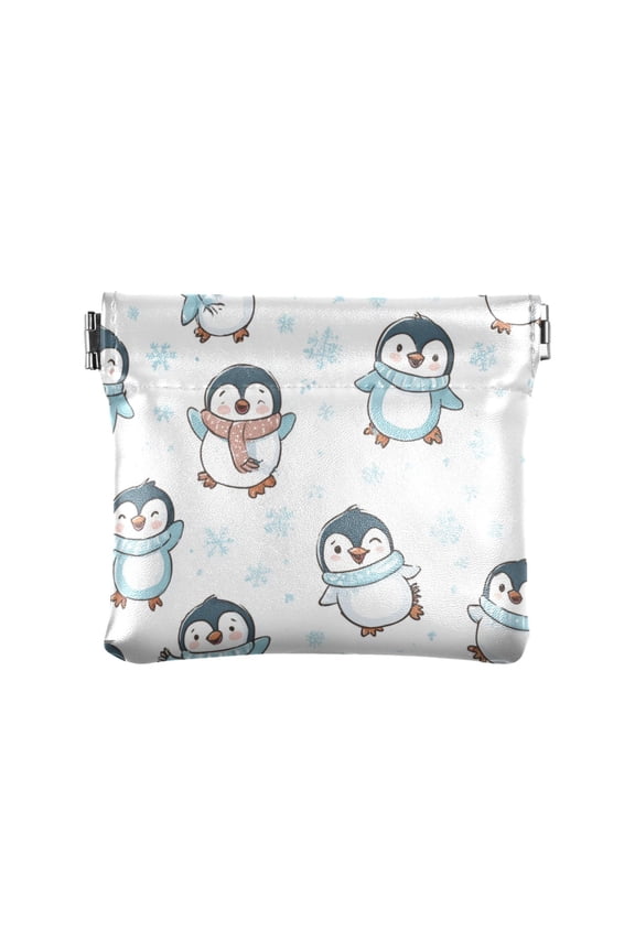 Compact PU Leather Coin Purse Small Spring-Frame Wallet Change Pouch for Travel & Daily Essentials Cute Cartoon Penguins