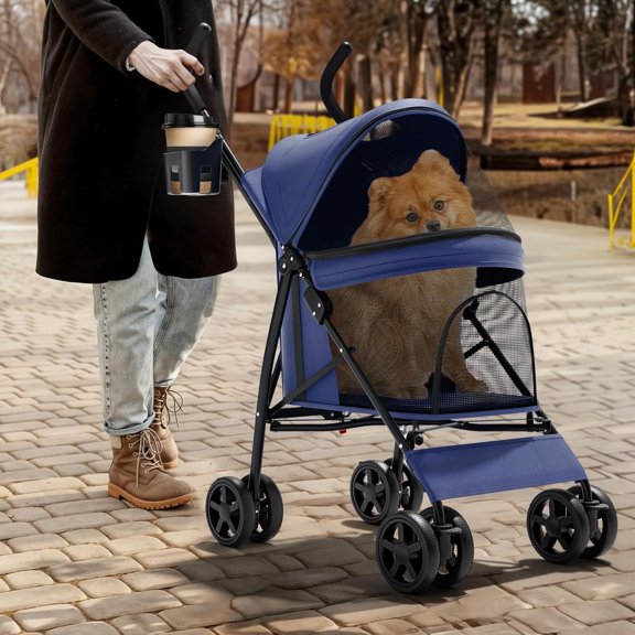 Compact Pet Stroller for Small-Medium Dogs/Cats up to 22lbs, 4-Wheel Lightweight Umbrella Shaped Portable Puppy Travel Jogger with Breathable Mesh, Cup Holder & Rear Storage, Navy Blue