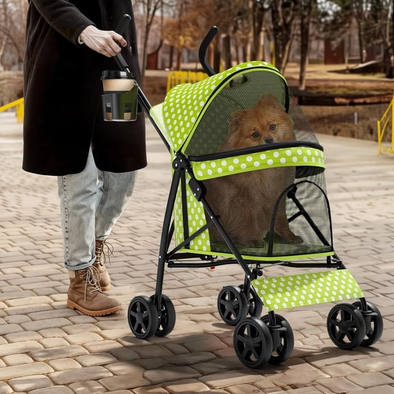 Compact Pet Stroller for Small-Medium Dogs/Cats up to 22lbs, 4-Wheel Lightweight Umbrella Shaped Portable Puppy Travel Jogger with Breathable Mesh, Cup Holder & Rear Storage, Lawn Green