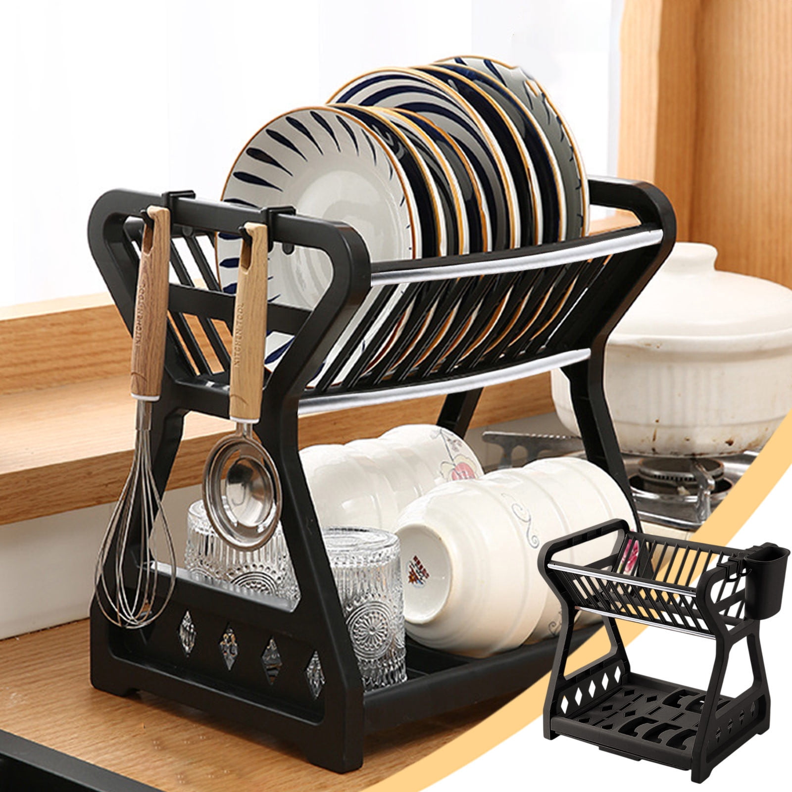 Compact Plastic 2 Tier Sink Dish Drying Rack for Kitchen Counter With Drainboard Tray Set, Stainless Steel Tube Small Dish Drainer Strainers Utensil Holder for Plates Organizer, Black