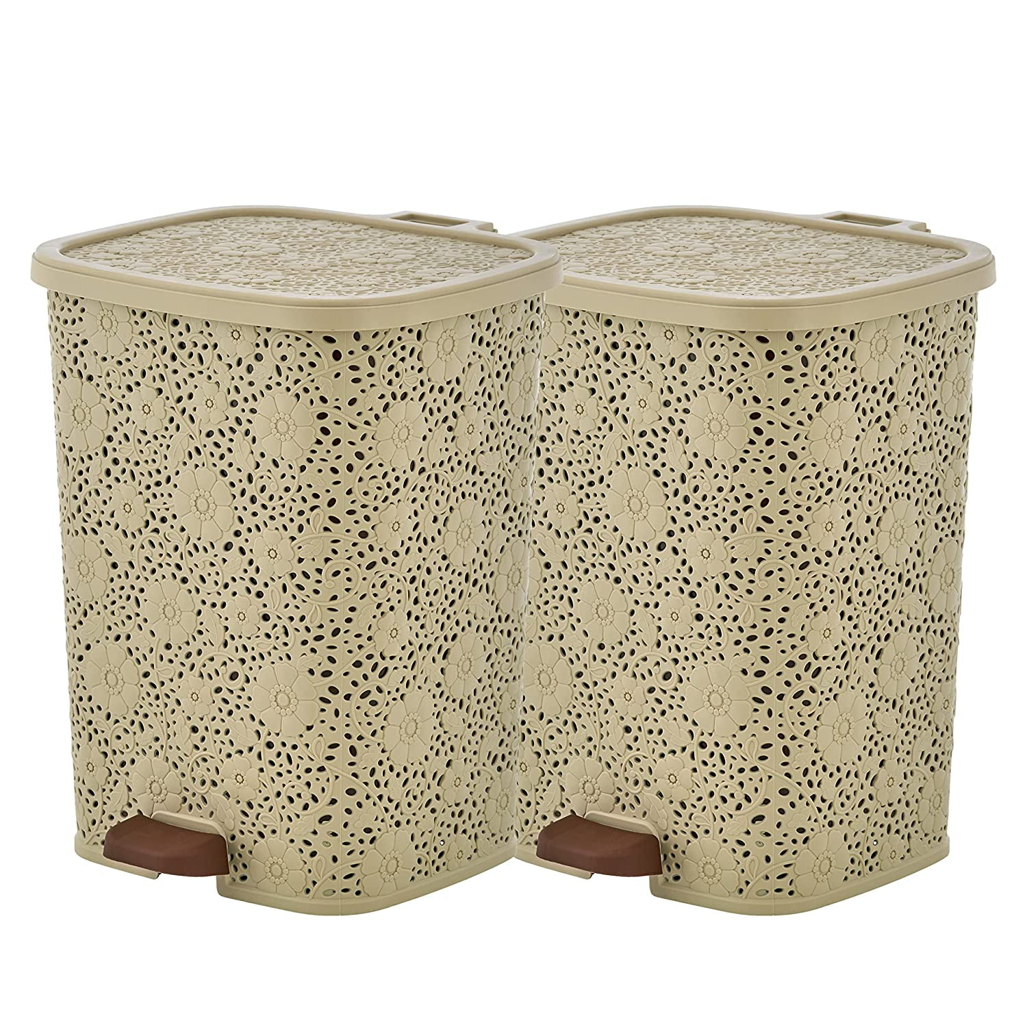 Compact Plastic Step-On Trash Can, 2 Pack Indoor and Outdoor Waste Bin with Foot Pedal, Beige Decorative Garbage Bin with Lace Design, 6 Qt Small Trash Can for Kitchen, Bathroom, Bedroom, Patio, Yard
