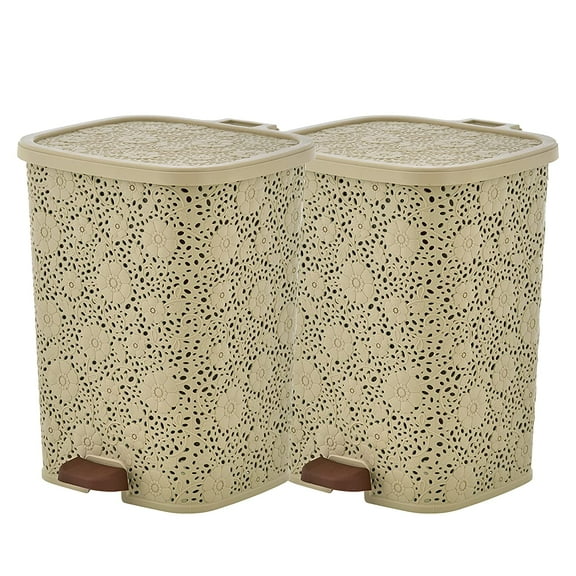 Compact Plastic Step-On Trash Can, 2 Pack Indoor and Outdoor Waste Bin with Foot Pedal, Beige Decorative Garbage Bin with Lace Design, 6 Qt Small Trash Can for Kitchen, Bathroom, Bedroom, Patio, Yard