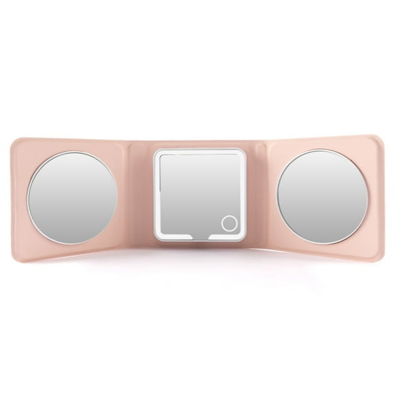 Compact Portable 3-Way Foldable Makeup Mirror - 5X/Plain/10X Magnification  LED Light with Stepless Dimming  Rechargeable & PU Waterproof