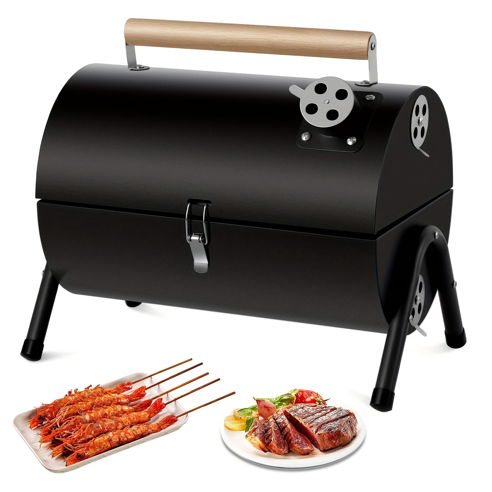 Compact Portable Barrel Charcoal Grill with Double-Side Griddle – Foldable Outdoor Barbecue & Camping Smoker, Black