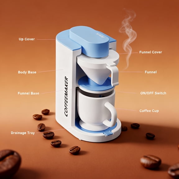 Compact Portable Capsule Coffee Machine, Single Serve Coffee Maker Compatible with K-Cup Pods and Loose Ground Coffee, Mini Brewer for Dorm, Office & Small Spaces, Blue and White