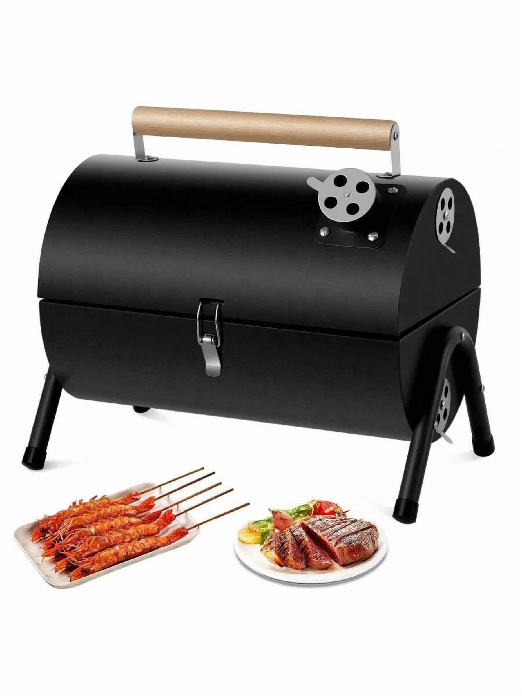 Compact Portable Charcoal Grill Barrel - Double Sided Collapsible Design, Great For Outdoor Cooking And Camping, Black Stainless Steel Smoker With Wooden Handle, Great For Grilling Shrimp