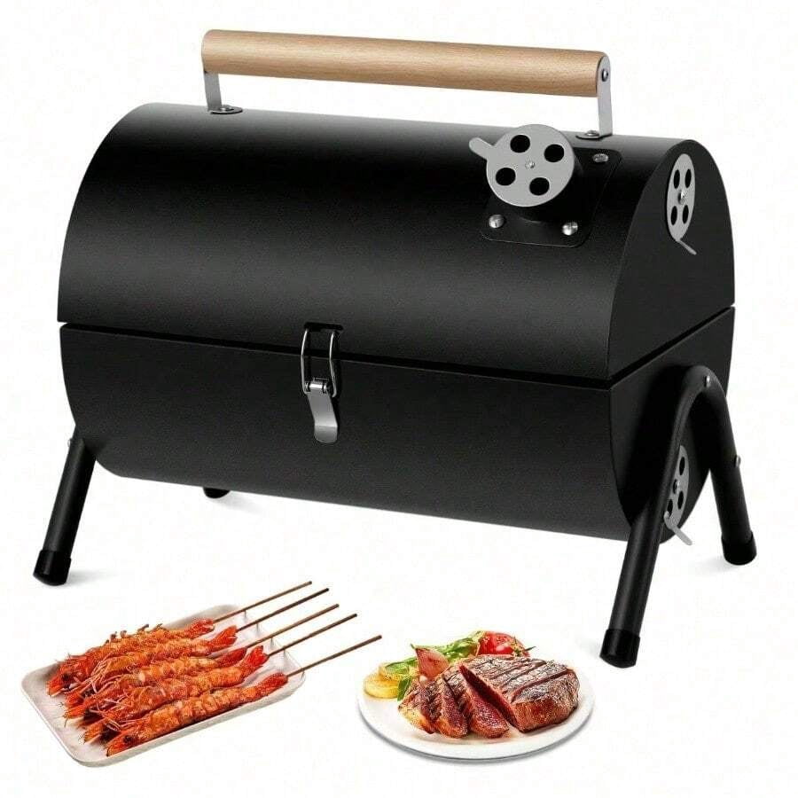 Compact Portable Charcoal Grill Barrel - Double Sided Collapsible Design, Great For Outdoor Cooking And Camping, Black Stainless Steel Smoker With Wooden Handle,