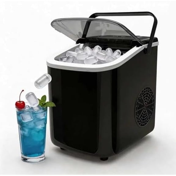 Compact Portable Ice Maker - 26Lbs/24H Ice Production (6-8 Mins) with Self-Cleaning Function, Quiet & Handle - Ideal for , Kitchen, Camping, RV (Black)