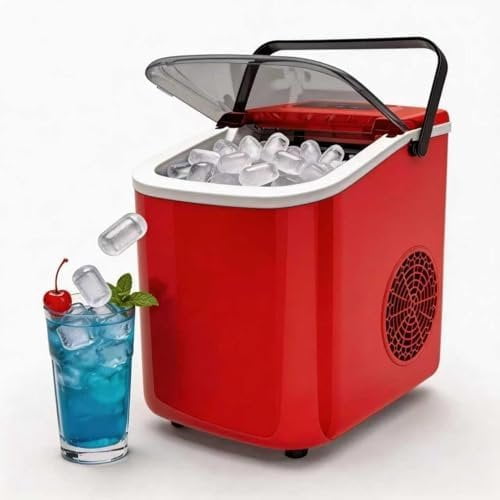 Compact Portable Ice Maker - 26Lbs/24H Ice Production (6-8 Mins) with Self-Cleaning Function, Quiet & Handle - Ideal for , Kitchen, Camping, RV (Red)