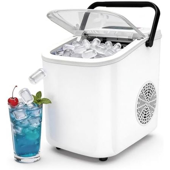 Compact Portable Ice Maker - 26Lbs/24H Ice Production (6-8 Mins) with Self-Cleaning Function, Quiet & Handle - Ideal for , Kitchen, Camping, RV (White)