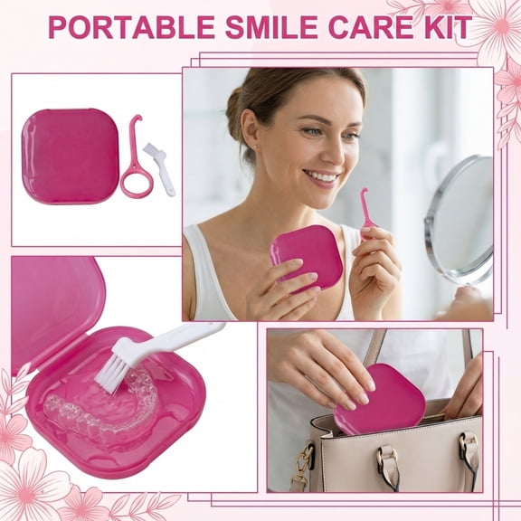 Compact Portable Toothbrush and Braces Box, 2-in-1 Denture Cleaner and Storage Case for Retainer, Home and Travel Kit(Hot Pink)