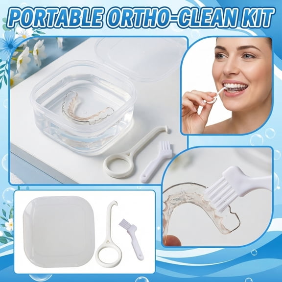 Compact Portable Toothbrush and Braces Box, 2-in-1 Denture Cleaner and Storage Case for Retainer, Home and Travel Kit(White)
