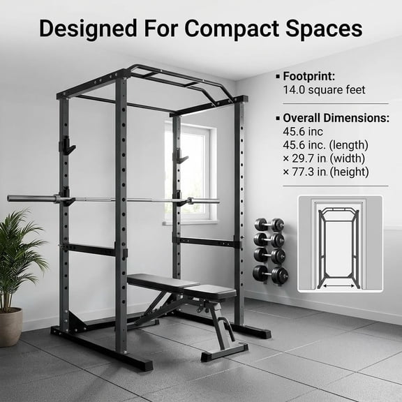 Compact Power Rack for Small Spaces, 1200 lbs Heavy Duty Steel Cage with Safety Bars, Essential for Squats, Bench Presses, Pull ups, Black, 45.6"L x 29.7"W x 81.5"H