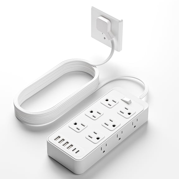 Compact Power Strip Surge Protector, 18in Charging Station, 12 AC Outlets, 6 USB Charging Ports (4 USB A & 2 USB C), Flat Plug, 5ft PVC Extension Cord, Fire-Resistant for Home, Office and Travel