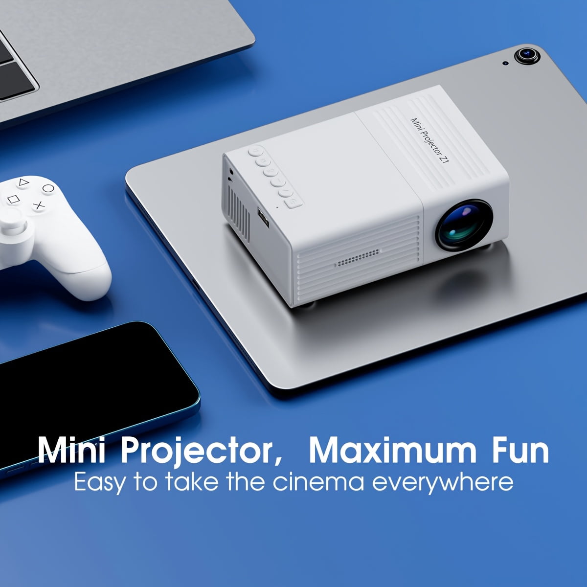 Compact Projector That Supports 1080P, Features USB Connectivity, And Comes with a Remote Control. It Is Compatible with Smartphones, Tablets, Laptops, TV Sticks, And USB Drives.