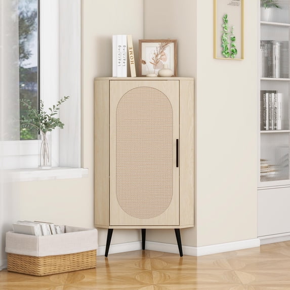 Compact Rattan Door Corner Cabinet Freestanding Shelf Organizer for Small Spaces, Storage Solution for Living Room Kitchen Bathroom Bedroom