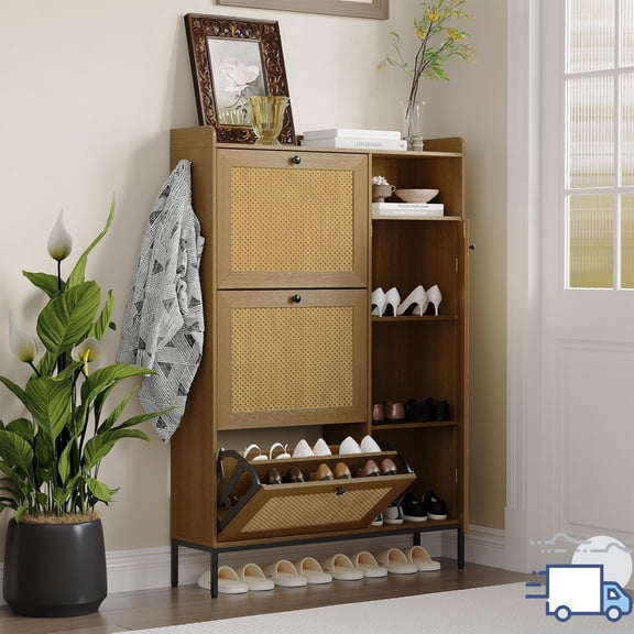 Compact Rattan Shoe Storage Organizer with Flip Drawers, Adjustable Compartments, and Open Shelves – Stylish Multi-Purpose Cabinet for Home Entryways