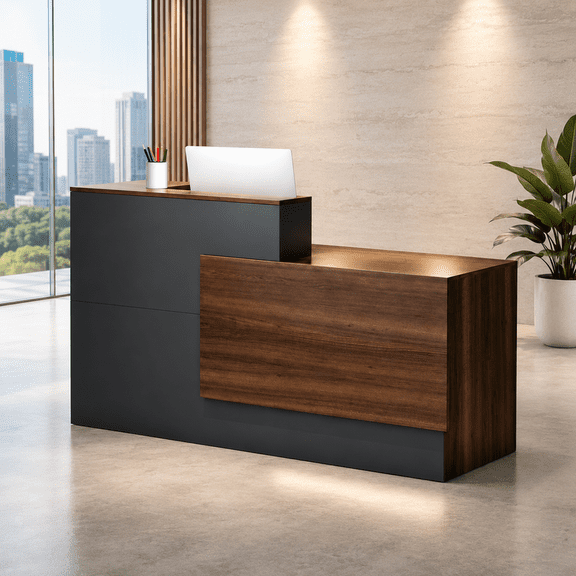 Compact Reception Desk with Cable Management & Storage, Small Front Desk for Salon, Clinic & Retail Lobby - Dark Walnut and Black
