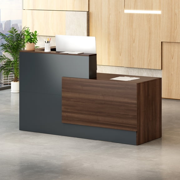 Compact Reception Desk with Cable Management & Storage, Small Front Desk for Salon, Clinic & Retail Lobby - Dark Walnut and Black