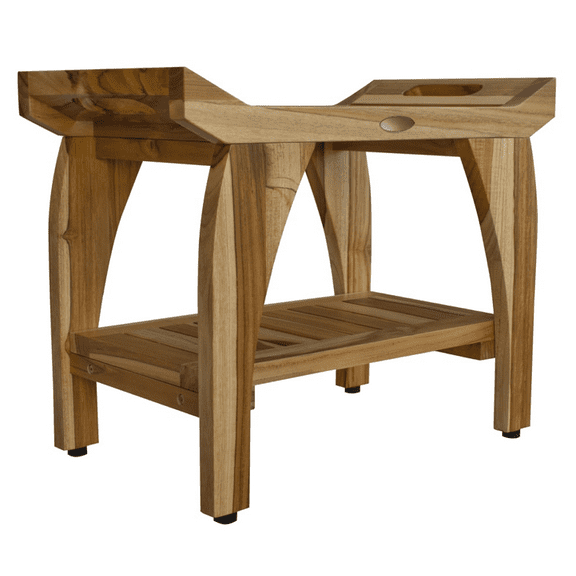 Compact Rectangular Teak Shower Bench with Handles in Natural Finish