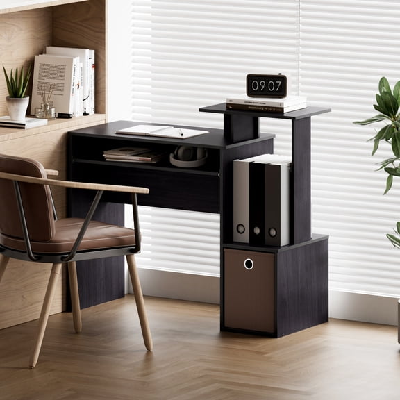 Compact Rectangular Writing Desk Computer Desk with Keyboard Tray & Side Shelf for Small Space Home Office, Dark Walnut