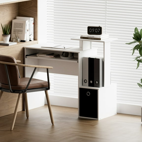 Compact Rectangular Writing Desk Computer Desk with Keyboard Tray & Side Shelf for Small Space Home Office, White/Black