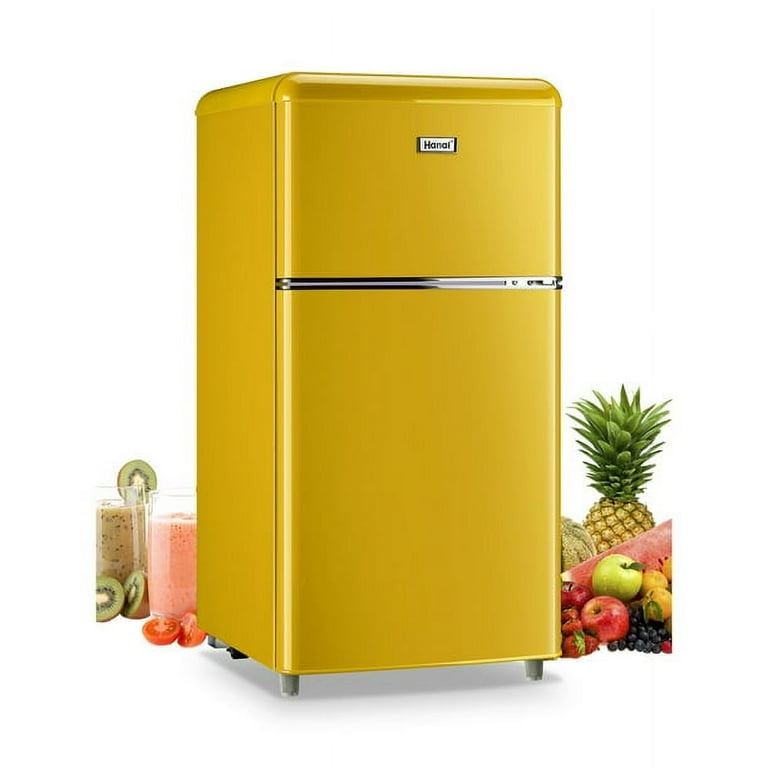 WANAI Compact Refrigerator 3.2 Cu.Ft Retro Cream Fridge With Freezer 2 Door  Mini Refrigerator with 7 TEMP Modes, Removable Shelves, LED Lights, Ideal