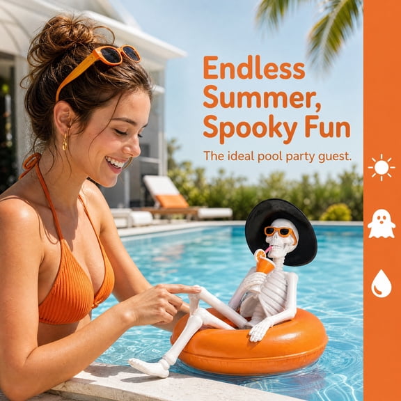 Compact Resin Summer Halloween Skeleton Statue, Witch Hat Pool Skeleton Decor, Ideal Summerween Gift for Halloween Lovers and Beach Enthusiasts