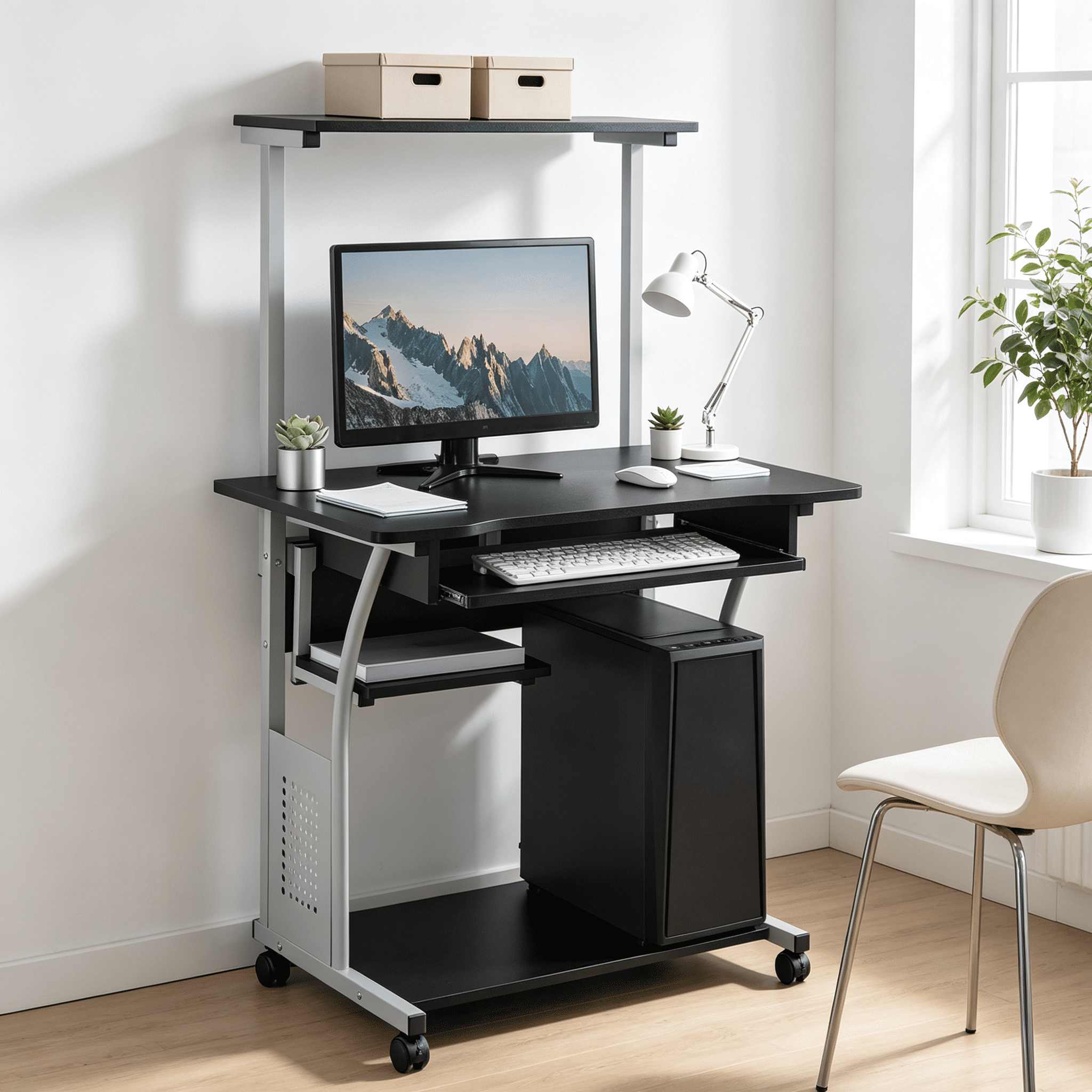 Compact Rolling Computer Cart with Keyboard Tray & Printer Shelf, Black ...