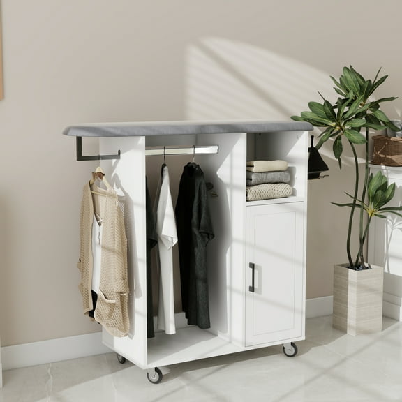 Compact Rolling Ironing Cart with Adjustable Shelves, Heat-Resistant Board & Storage