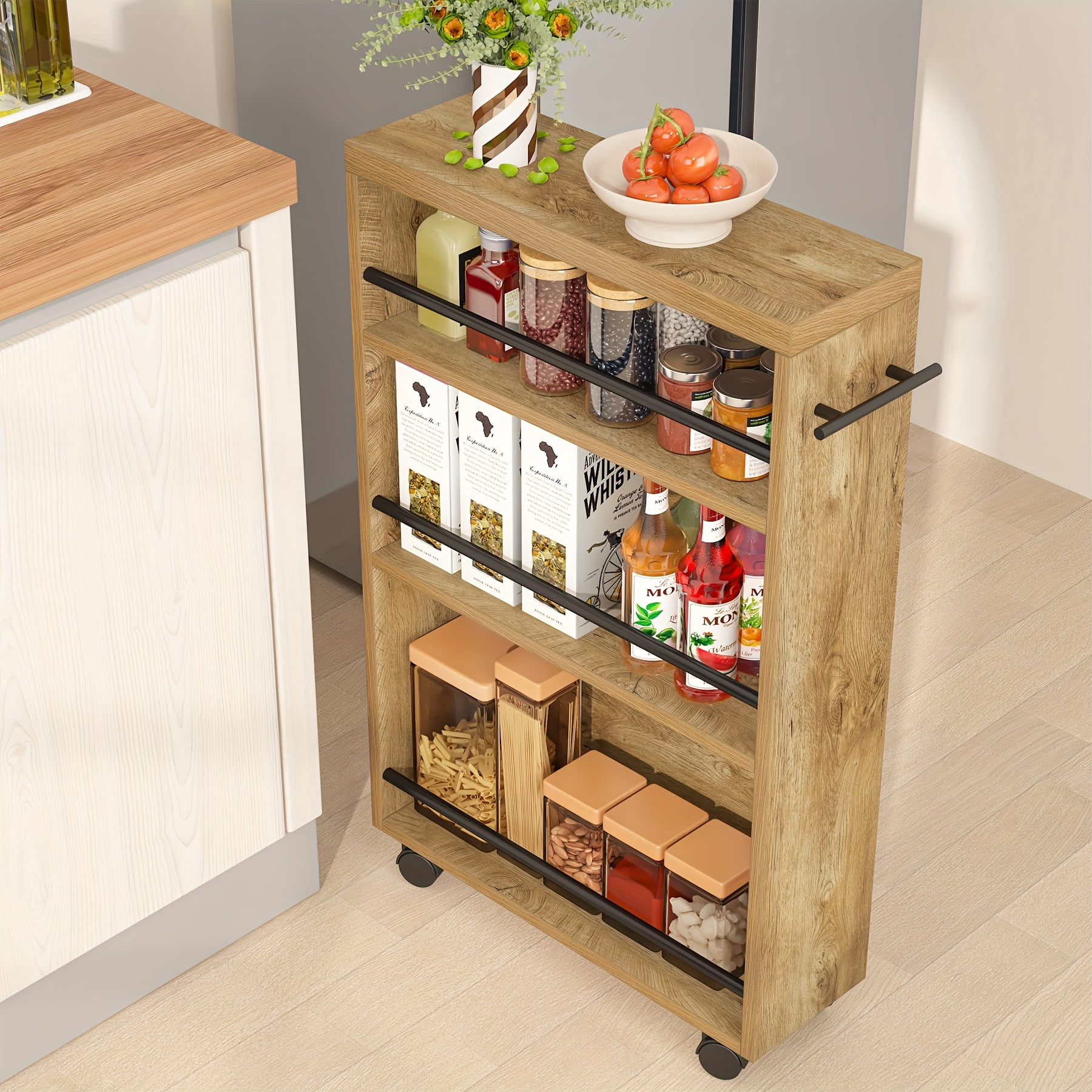 Compact Rolling Storage Cart with 4-Tier Sliding Shelves, Narrow Mobile ...