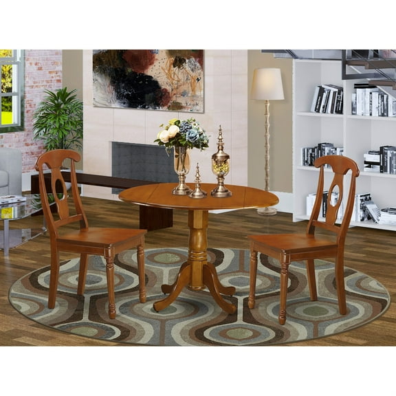 Compact Round Dinette Set with Drop Leaf - Asian Hardwood, Saddle Brown Finish - Ideal for Small Dining Spaces - Includes Table and 2 Chairs