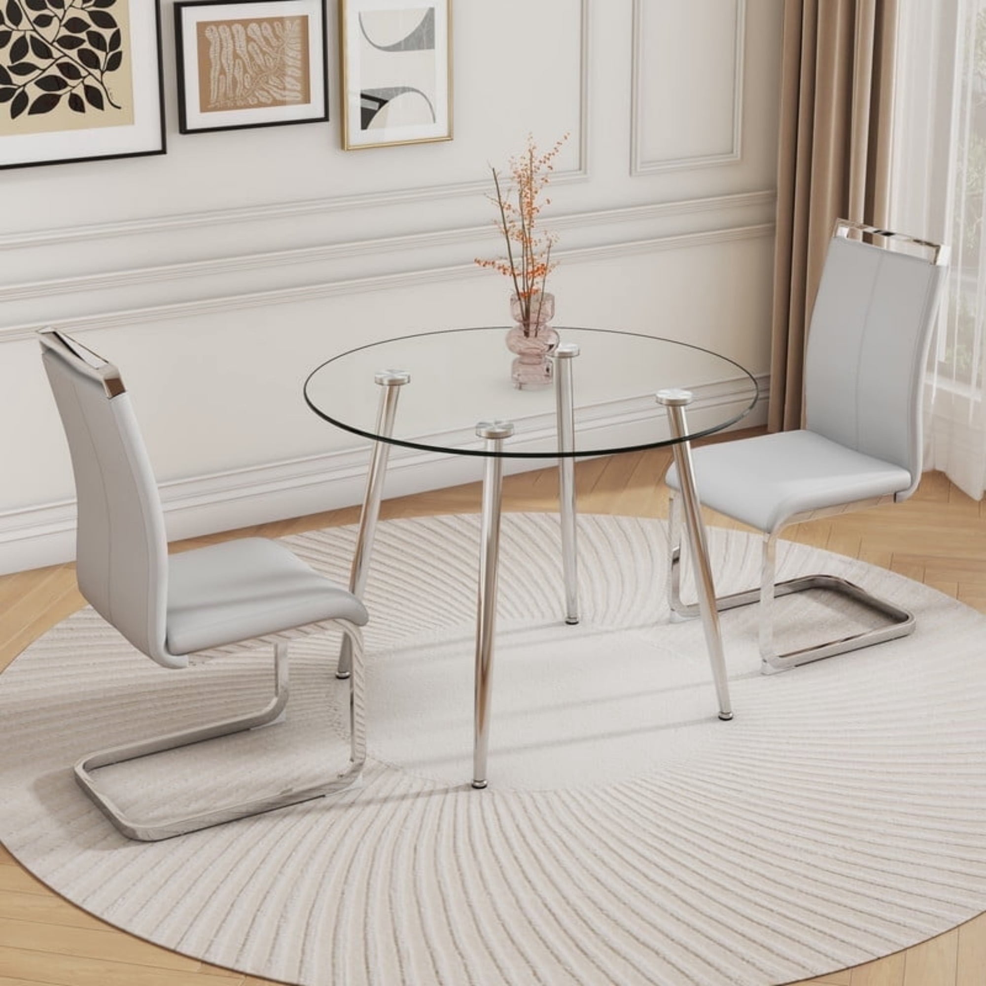 SUDICA Round Dining Set for 2, 40" Glass Table with Light Grey PU ...