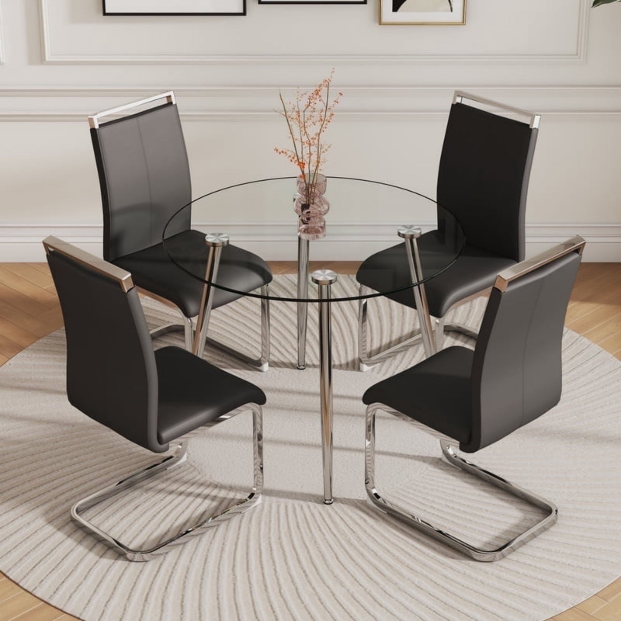 SUDICA Round Dining Set for 4, 40" Glass Table with Black PU Leather ...